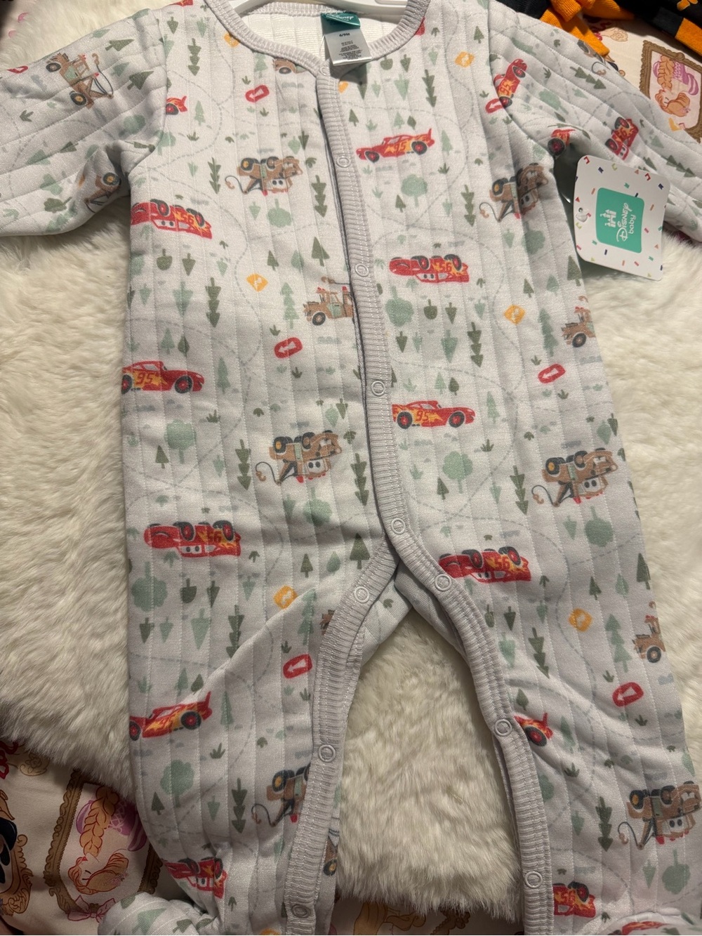 Kids One-Piece Romper in Light Gray with Red Car Print - Unbranded